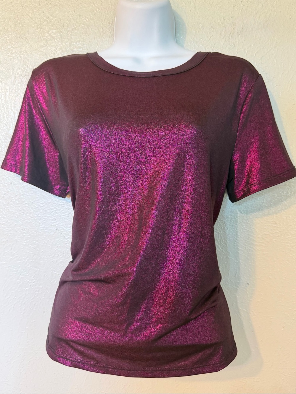 Vintage 90s Whimsigoth Punk Metallic Slinky Magenta Purple Shimmer Tee Top Sz S
